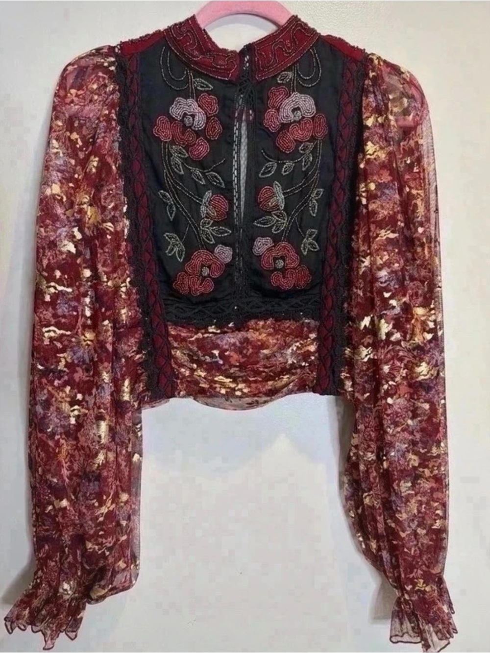 Free People Burgundy Floral Embroidered Sheer Long-Sleeve Crop Top